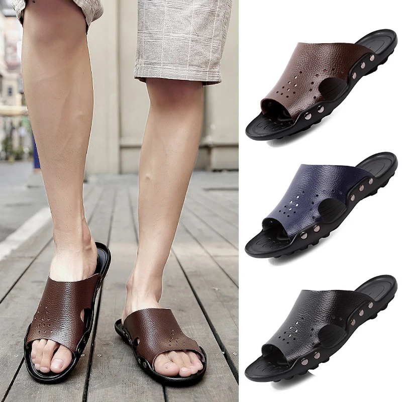 

Slippers Men Genuine Leather Slippers Men Slides Slide Slipper Casual Summer Shoes Flat Outdoor Beach New Plus Size Breathable