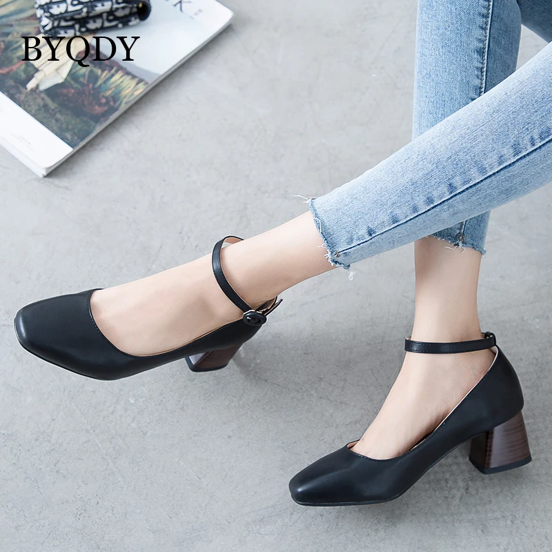 

BYQDY Plus Size 43 Square Toe Woman Pumps Flock Sweet Woman Thick High Heels Ankle Strap Mary Jane Shoes Stripper Heels Black