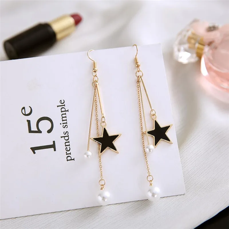 

Fashion personality long five-pointed star earrings pearl ear line temperament versatile anti - allergy star drop glaze earrings
