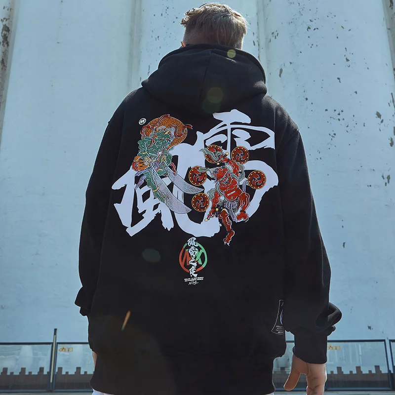 Men Hip Hop Hoodie Sweatshirt Embroidered Thunder Wind Harajuku Chinese Streetwear Hooded Pullover Cotton Winter Hoodies