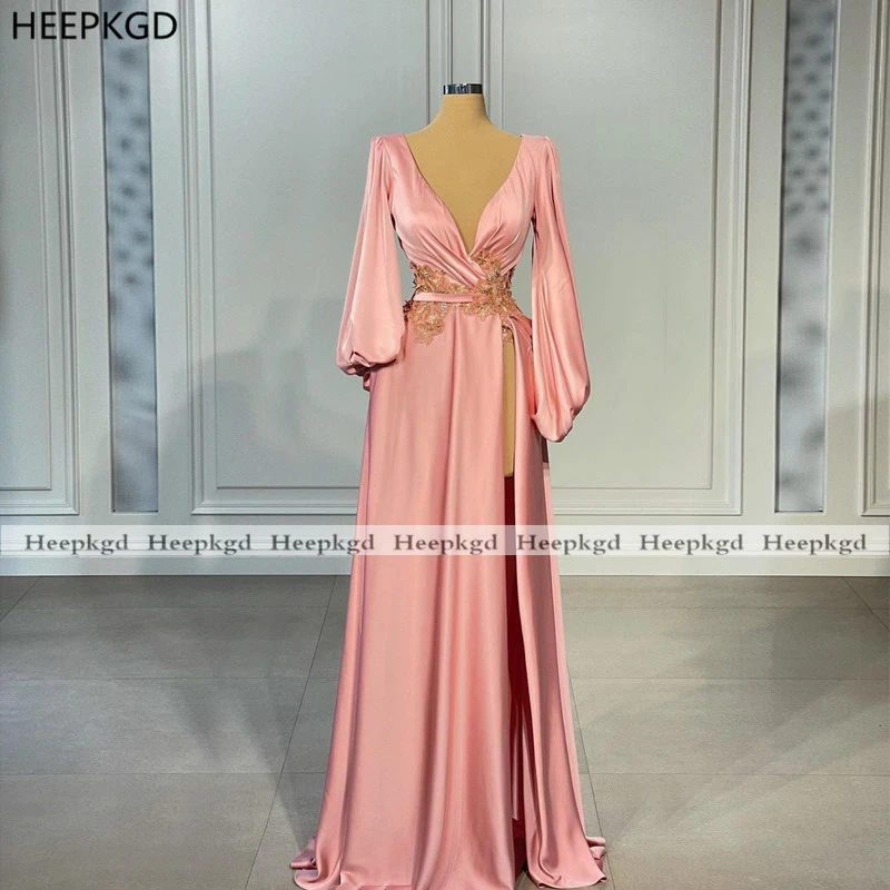 Pink Long Sleeves Sexy 2021 Prom Dresses High Slit Deep Neck A Line Women Formal Party Gowns With Gold Appliques Custom Made windsor prom dresses