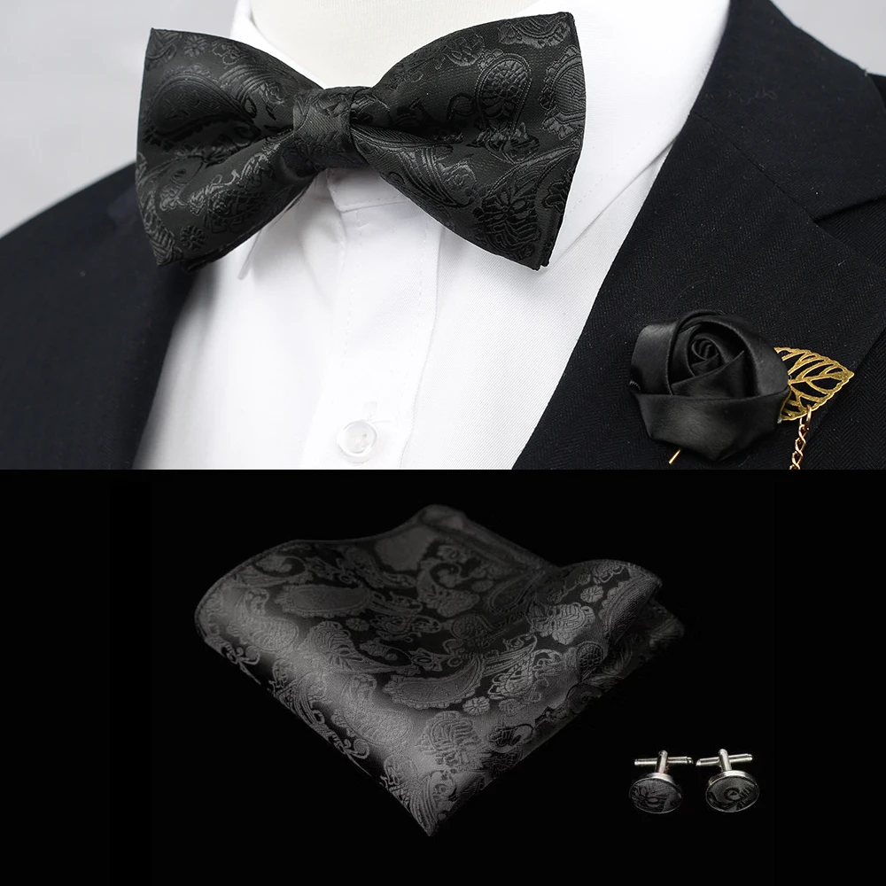 Шелковый Цветочный деловой галстук-бабочка для мужчин, винтажный фиолетовый, красный, черный, золотой, королевский синий Свадебный галстук-бабочка, карманный квадратный платок, набор