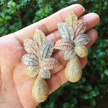 

ModemAngel 68mm Luxury Leaf Pineapple Flower Full Micro Cubic Zirconia Paved Wedding Party Earring Fashion Jewelry for Women