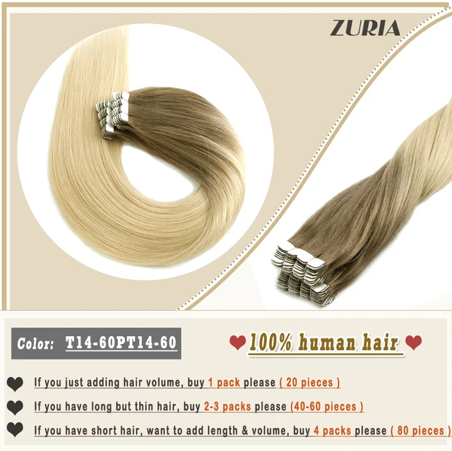 ZURIA Mini Tape In Hair Extensions Machine Remy Natural Hair Extensions Human Hair Straight 20 Inchs Seamless Adhesive Skin Weft T14-60 PT14-60