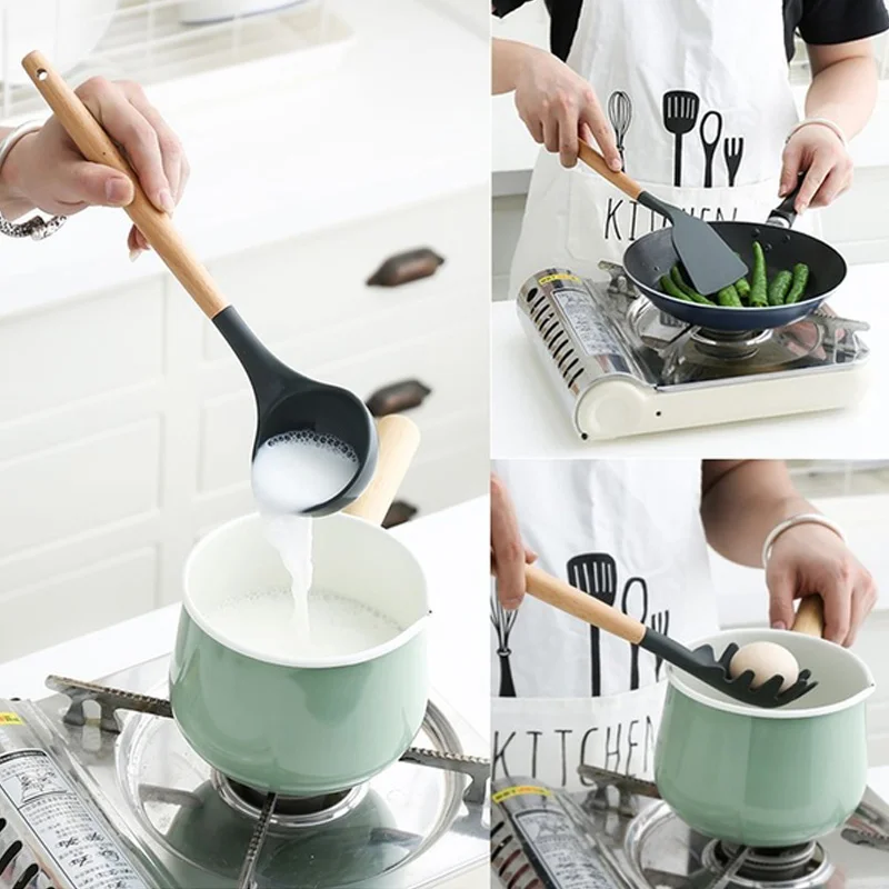 Силиконовые кухонные принадлежности термостойкие простые Кухонные деревянные ручки кухонные принадлежности набор прочный бук Ресторан Кухня
