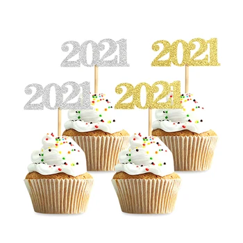 

12pcs Happy New Year Cake Decorations For Christmas New Year Party Supplies Gold Rose Gold Number 2021 Cupcake Toppers