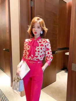 

New Spring Two Piece Suits Women Heart Print Long Sleeve Chiffon Blouse And Penlic Pants Set Elegant OL Office Lady Suit