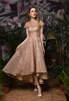 

Rose Gold Shiny Hi-Lo Prom Dresses 2020 Jewel Short Sleeves Zipper Back High Low Formal Evening Party Gowns Vestido De Fiesta