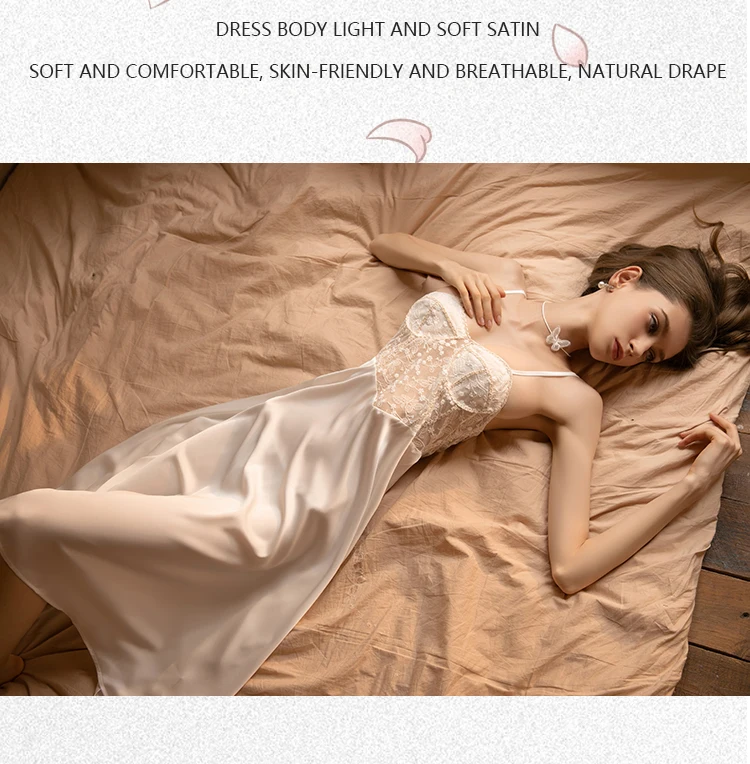 Waliicorners Thin Ice Silk Nightgown V-neck Female Nightwear Suspender Sleepwear Lingerie Lace Long Satin Nightdress 16 H6b0d4a95198b44f69bf110d0ce7e6b71h