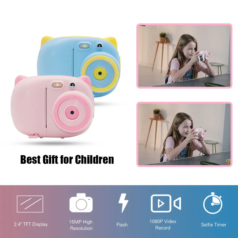 15 MP 1080P HD Mini Cute Children Video Photography Camcorder Photo Camera with 2.4 Inch TFT IPS Screen WiFi Instant Printing