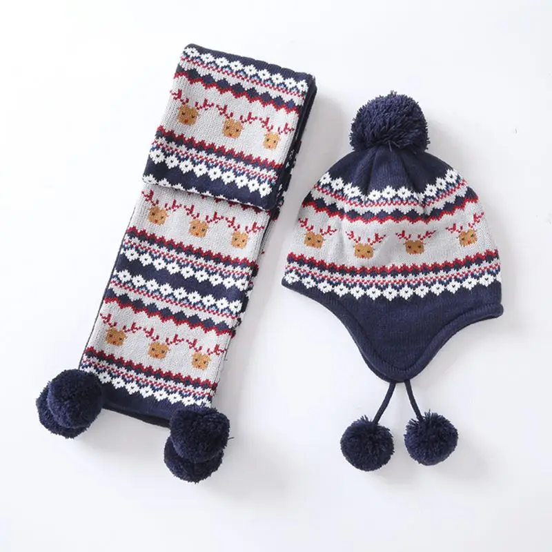 

Kids Baby Winter Christmas Reindeer Pompom Earflap Beanie Cap Long Scarf Gloves C90E