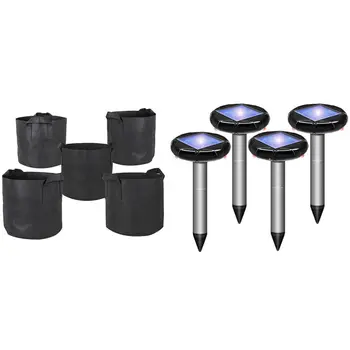

5-Pack 10 Gallon Grow Bags/Aeration Fabric Pots with Handles (Black) with Solar Powered Snake Repellent for Outdoors