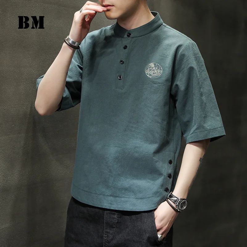 

Chinese Style Linen Solid Color Casual Embroidery Loose Plus Size T-Shirt Men Clothing Harajuku Short Sleeve Stand Collar Tops