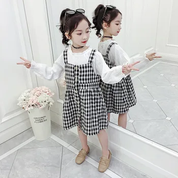 

Cuhk Children's Suspender Skirt Set Toddler Kids White Blouse And Plaid Dress 2pcs Teenager Girl Suit Sweet Casual Girls Outfits