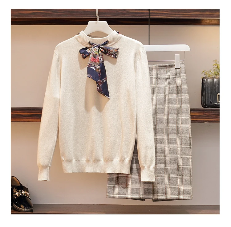 5XL размера плюс, элегантный офисный комплект из двух предметов, Женский комплект с юбкой, Женский Осенний вязаный пуловер, свитер+ клетчатая юбка, Женский комплект