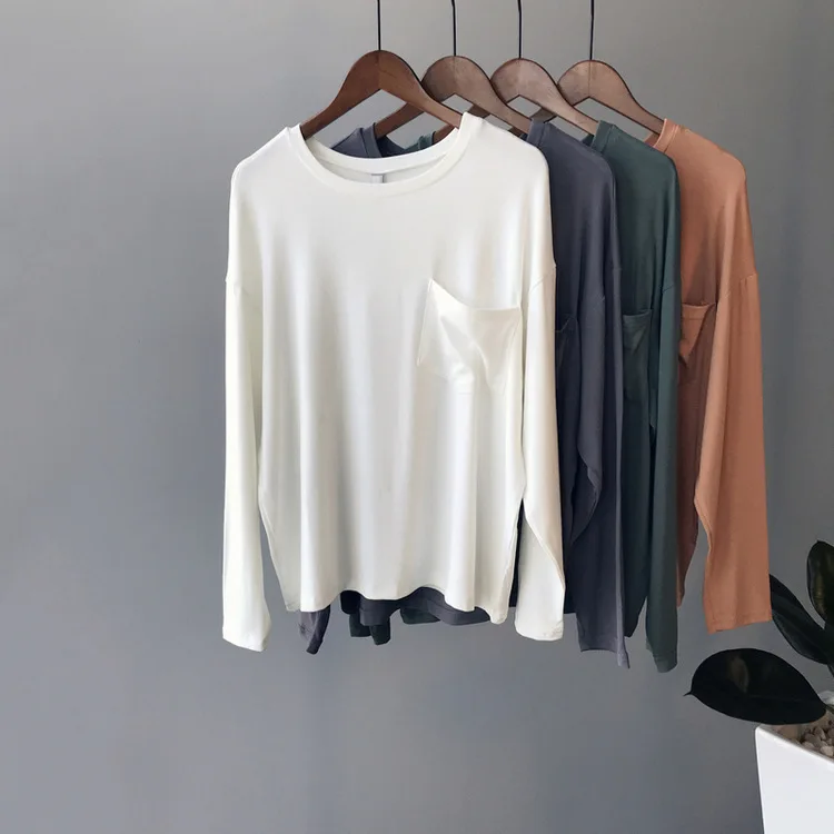 

Solid color long-sleeved T-shirt 2019 autumn new solid color headband simple casual long-sleeved T-shirt women's shirt