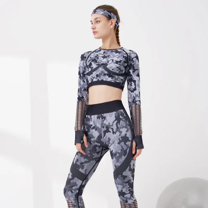 

20 Camouflage Yoga Clothes Suit Women's Quick-Drying Net Hole Fitness Piece Navel Seamless Sports Set T009