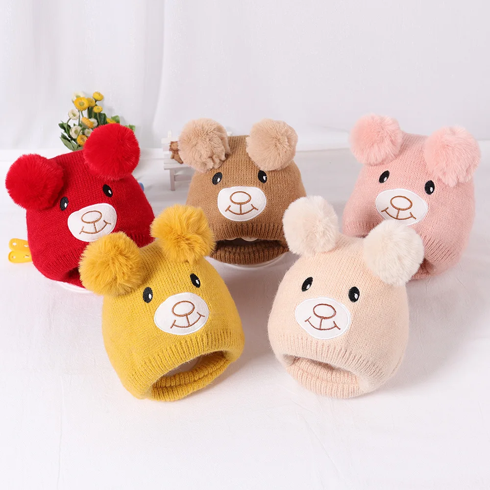 Baby boy girl hats Cartoon smile face bear autumn and winter new children's warm wool hat 1-4 years old baby Korean knit hat