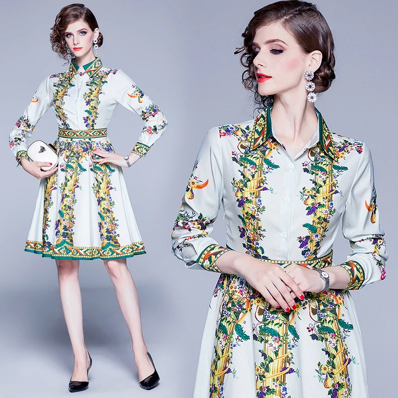 

2019 New Autumn Fashion Runway Dress Women's Long Sleeve Charming Flower Print Striped A Line Pleated Holiday Casual Shirt Dress