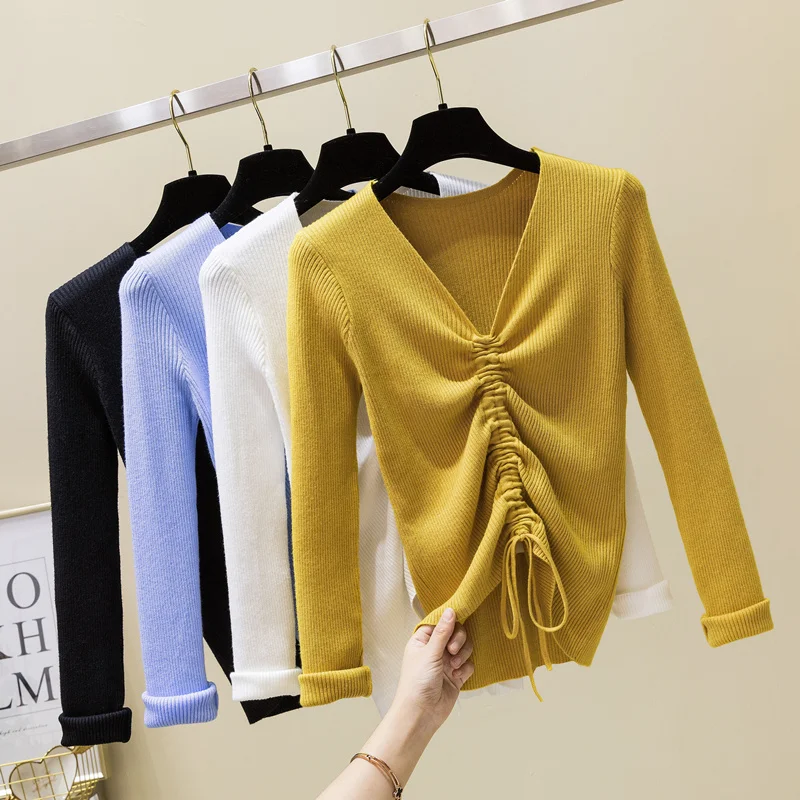 Women Ruched Knitted Pullover Women Sweaters and Pullovers Knit Jumper Ladies Sweater New Spring Drawstring V Neck Sweater