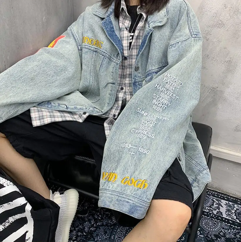 Джинсовые куртки в стиле хип-хоп, уличная джинсовая куртка с вышивкой Ван Гога, винтажное свободное Женское пальто в стиле Харадзюку