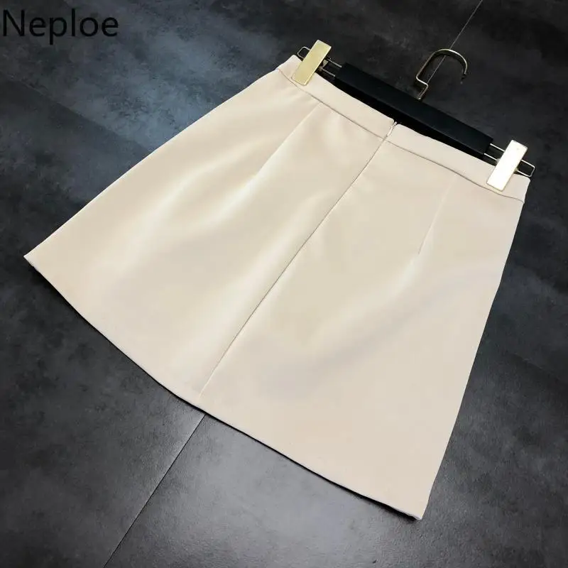 Neploe Autumn Winter New Metal Brooch Design A Line Skrit Solid High Waist Hip Jupe Femme Outwear Temperament Faldas 47598