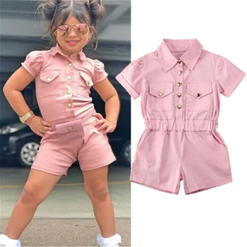 

1-6 Years Infant Kids Girls Rompers Button Solid Pink Short Sleeve Romper For Girls Playsuits Outfits Girls Summer Jumpsuits