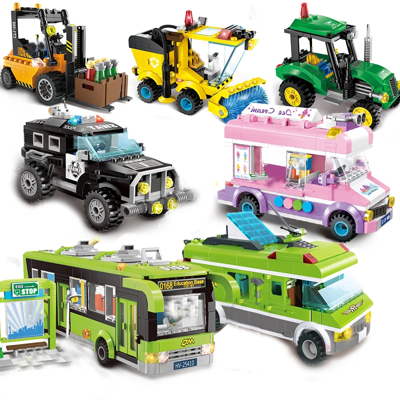 

City Bus Car Police Tractor Garbage Truck Fire Ice Cream Ambulance Camping Van Truck Model Building Block Toys Gift