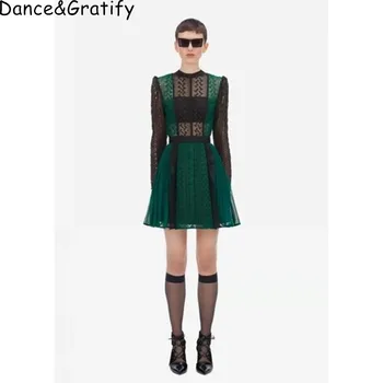 

High Quality 2019 Autumn Winter New Collection Self Portrait Dress Elegant long Sleeve Pleated Green Lace Dress