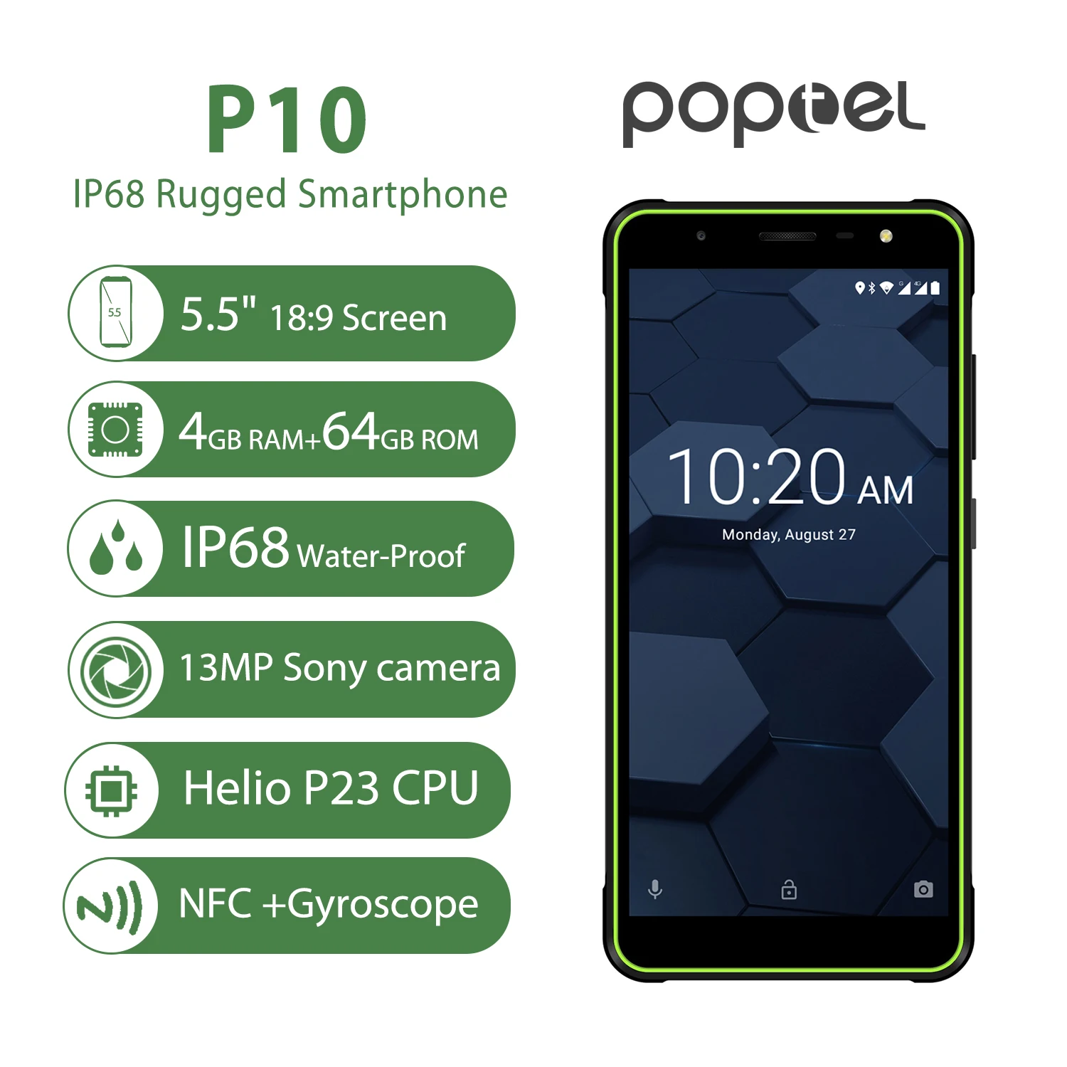 Глобальная версия Poptel P10 прочный смартфон 5,5 дюймов Восьмиядерный android 8,1 4 Гб+ 64 Гб NFC разблокированные телефоны экономичный телефон