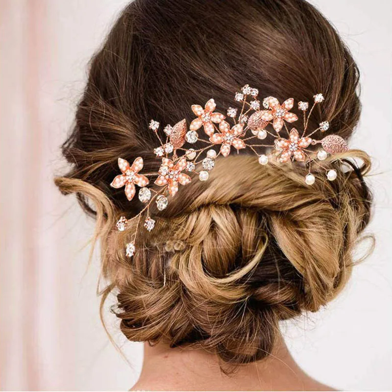 Floralbride Handmade INS Style Alloy Rhinestones Flower Leaf Pearls Bridal Hair Pin Set Wedding Hair Sticker Women Hair Jewelry