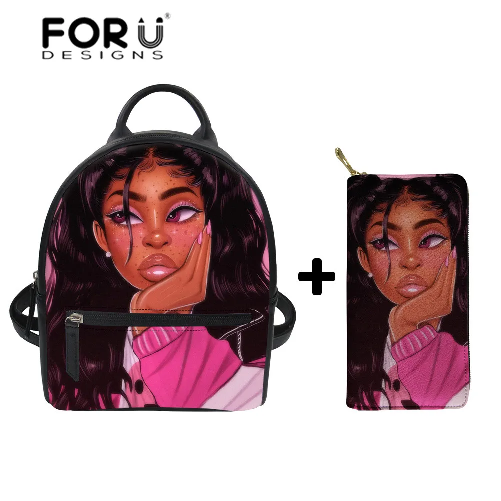 

FORUDESIGNS Backpacks Women Black Art African Girls Bookbag Ladies Luxury PU Leather Backpack Females Mini Shoulder Bags Bolsa