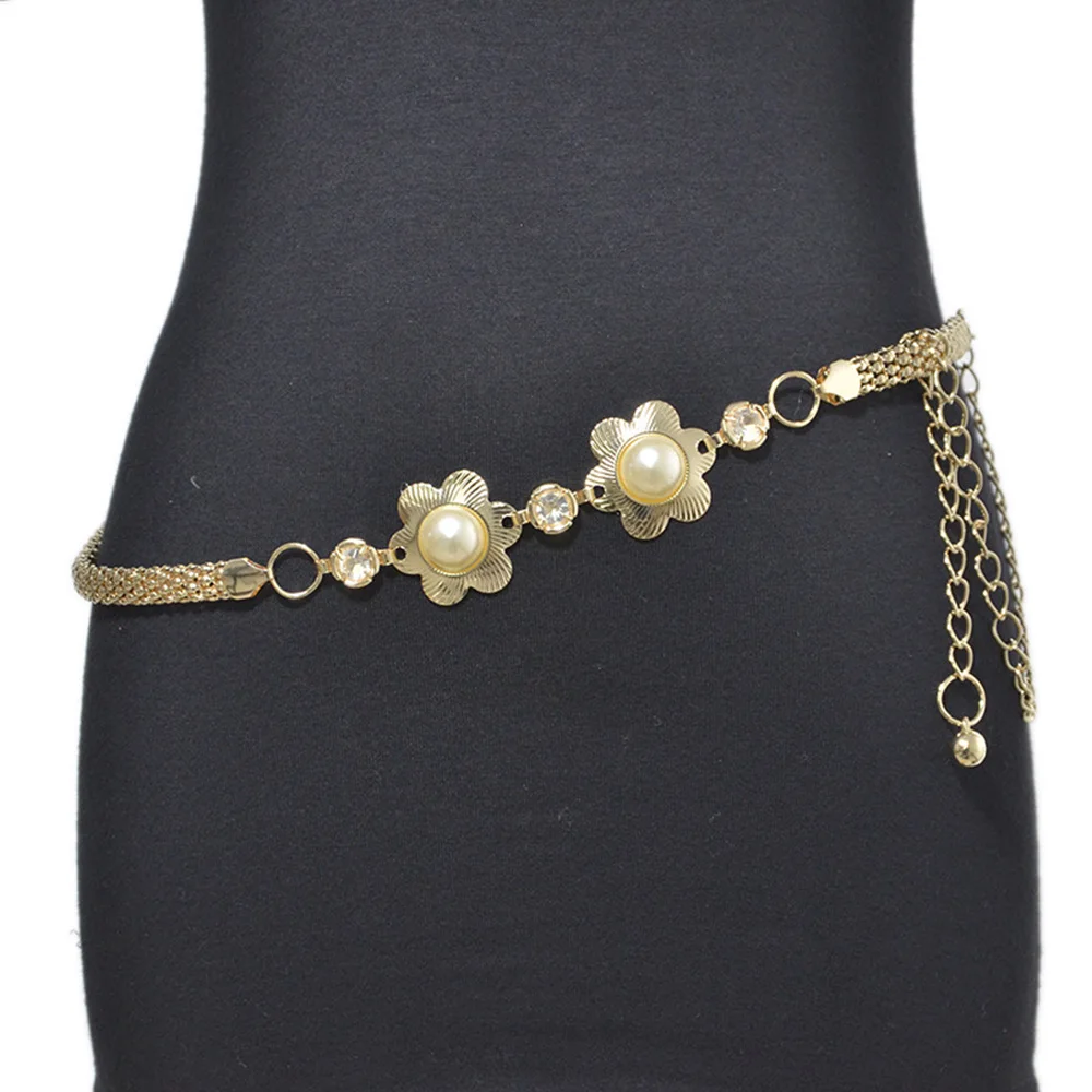 

[AETRENDS] Women Fashion Floral Decoration Elastic Skinny Waist Belt Metal Stretchy Chain Dress Belts for Women Girls D-0126