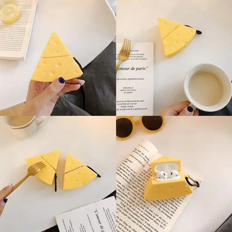 Triangular cheese Silicone Case Earphones For Apple Airpods Bluetooth Wireless Earphone Protective Skin Box Attach Keychain
