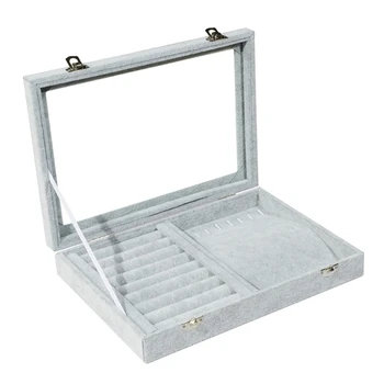 

Velvet Display Case Box Earring Ring Organizer Jewelry Tray Cufflink Storage Showcase with Clear Glass Lid Grey