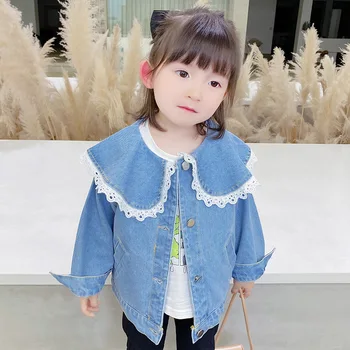 

Small Children's Denim Coat Toddler Girl Long Sleeve Lace Lapel Cardigan Jackets Sweet Loose Cowboy Outerwear Kids Casual Coats