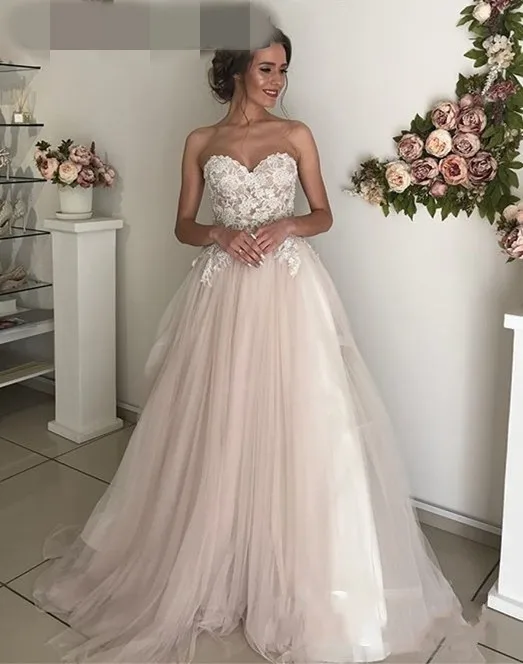 『Cheap!!!』- Blush Pink Tulle 원피스 Elegant Appliqued Lace Sweetheart
Sweep Train Cheap Gowns A-line Boho Bride Bespoke Wedding Dresses