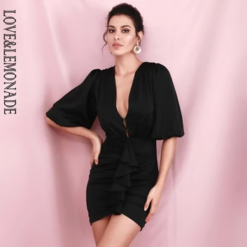 

LOVE & LEMONADE Black Sexy Deep V-neck Ruffled Lantern Middle Sleeve Mini Dress LM82198 Spring
