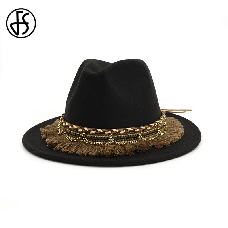 

FS Men Women Wool Fedoras Hat Ladies Ribbon Tassel Mens Woolen Felt Flat Jazz Cap Female Fashion Vintage Caps Autumn Winter