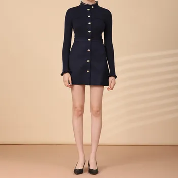 

Women Single Breasted Long Sleeve Knitted Dress Lace Collar Sweet Lady Solid Color Mini Dress