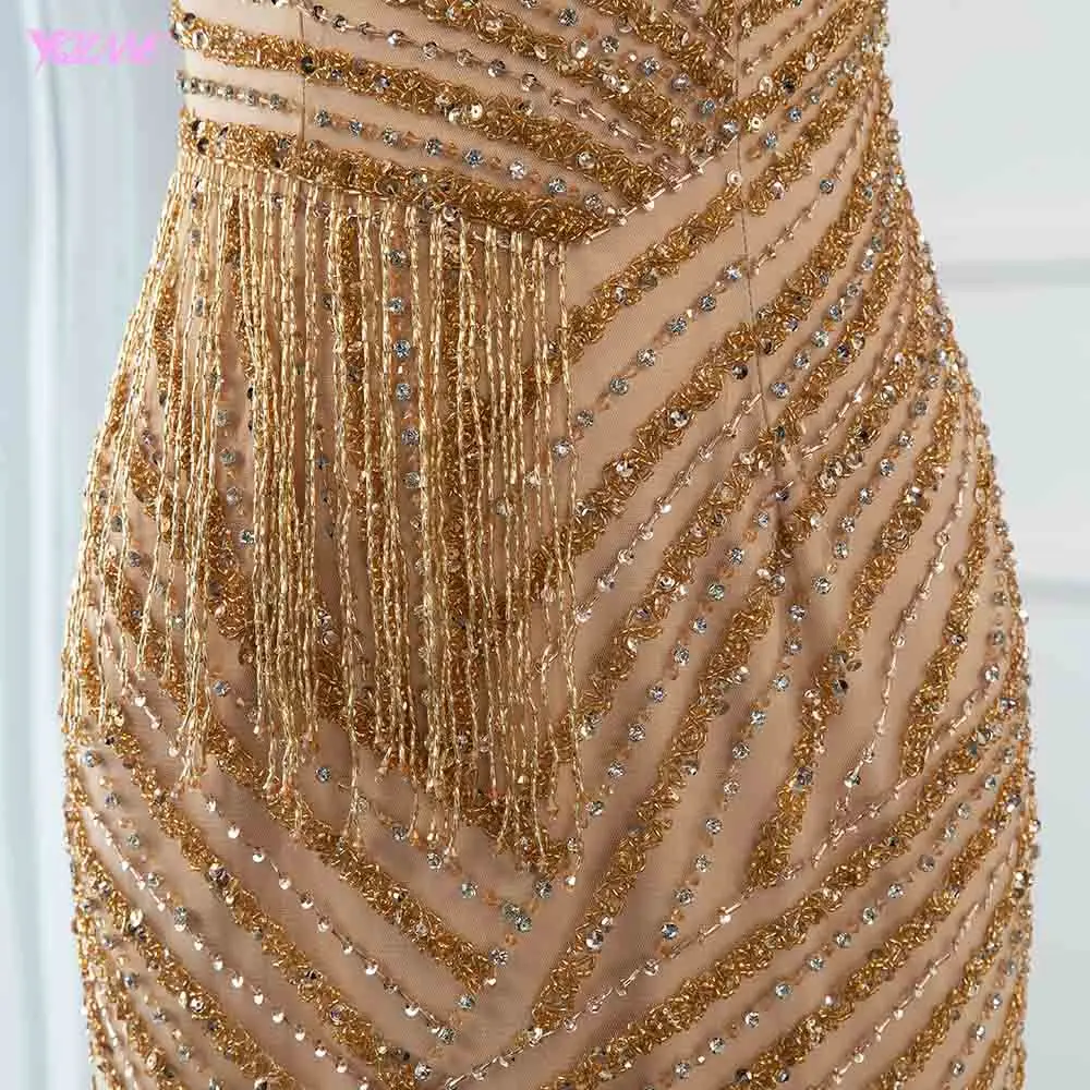 Кутюр, золотые вечерние платья с длинным рукавом, v-образный вырез, кристаллы, бисер, Русалка, вечернее платье, соревнование, блестящее платье De Soiree