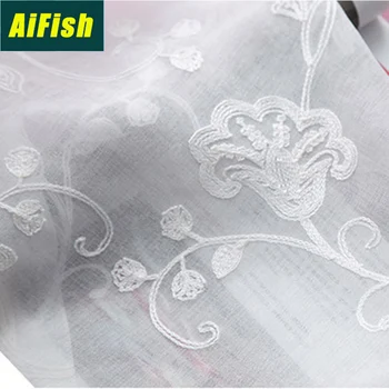 

White Embroidered Curtains Decorate For Living Room Balcony Korean Floral Sheer Curtains For Bedroom Custom WP144-4
