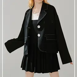 Винтажный женский черный свободный блейзер Повседневная Женская Кнопка украшение короткое осеннее пальто для женщин отложной карман