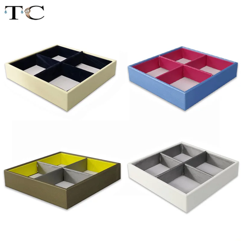 

Newest PU Velvet 4 Grids Jewelry Display Case Jewelry Ring Necklace Display Tray Portable Holder Bracelet Watch Storage Box