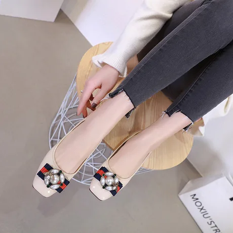 

2019 New Style Spring Black And White with Pattern WOMEN'S Shoes Versatile Soft-Soled Shoes Man-made Diamond Buckle Square Head