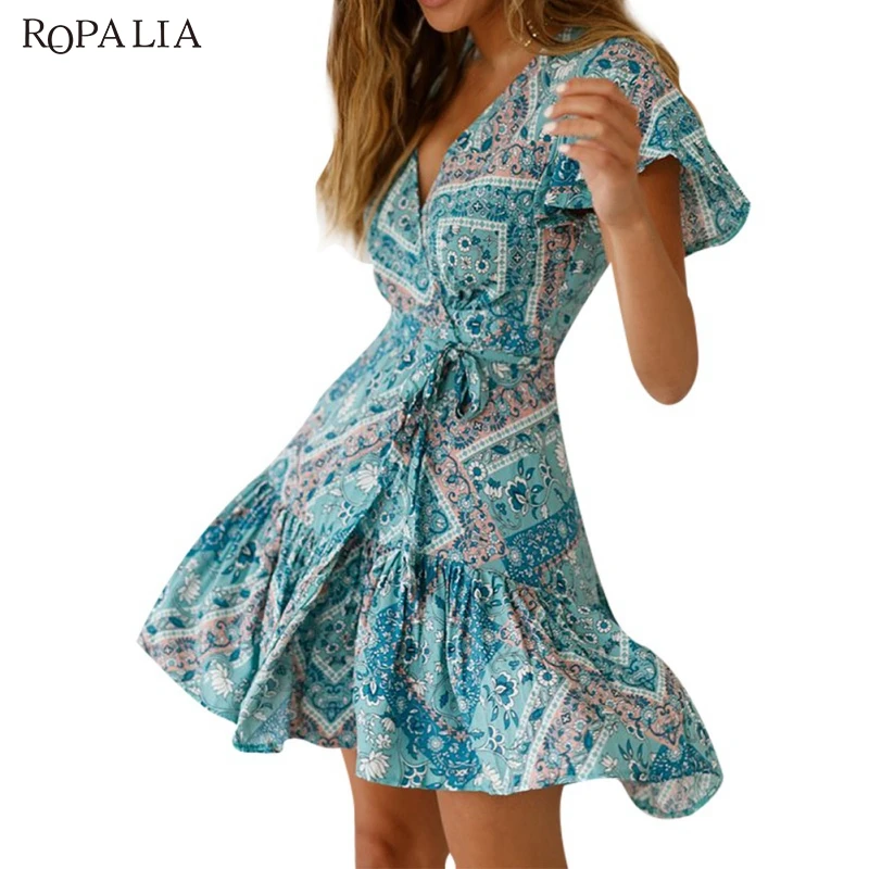 

ROPALIA Women Summer Stylish Sexy Slim Fit Flower Pattern Short Sleeve V-neck Short Dresses