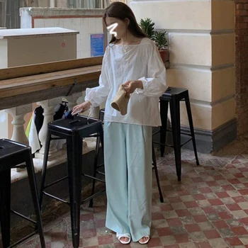 

Korean Two 2 Piece Set Top and Pant Long Sleeve Pullover Square Neck Loose White Blouses and High Waist Wide Leg Long Pants Sets