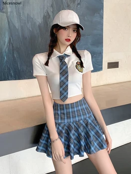 

Net Red Ocean Embroidered Top Necktie + Plaid Pleated Skirt Set Summer Women's Student Uniform Two-Piece Set