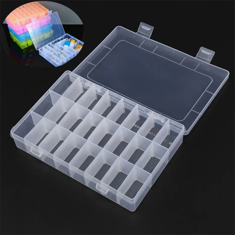 

24 Grids Storage Box with Adjustable Divider Jewelry Pill Gadgets Organizer Plastic Storage Case Craft Nail Art Beads Container