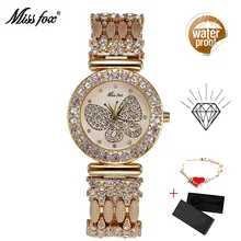 MISS FOX бабочка Золотые женские часы люксовый бренд большой алмаз девушка часы водонепроницаемые женские наручные часы Бесплатный браслет сердце подарок